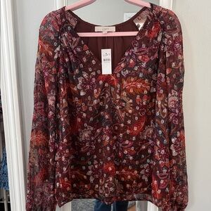 LOFT Women's Floral Blouse - Burgundy and Pink